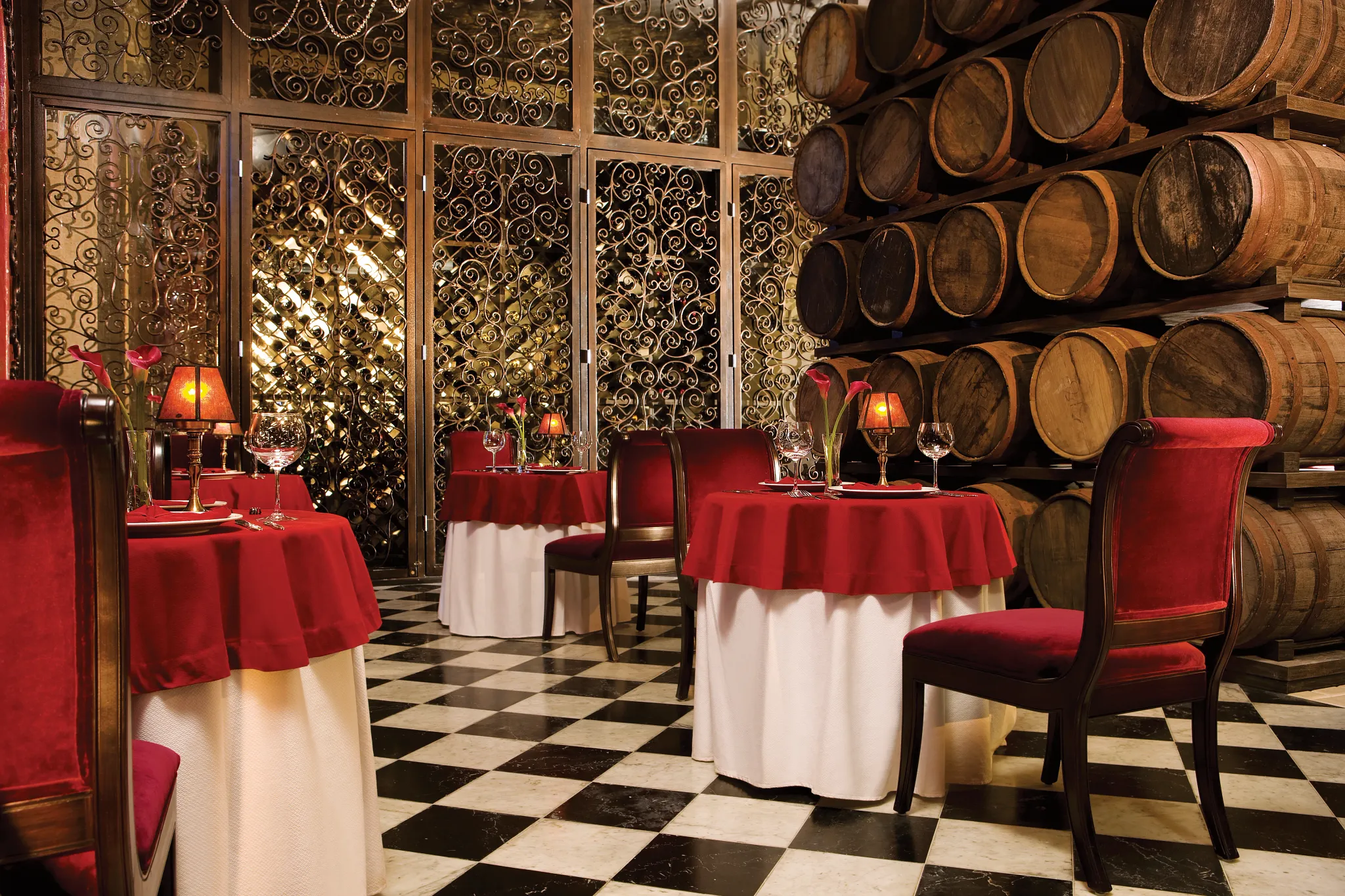 Elegant dining room and wine cellar at Bordeaux French restaurant at Secrets Maroma Beach Riviera Cancun.