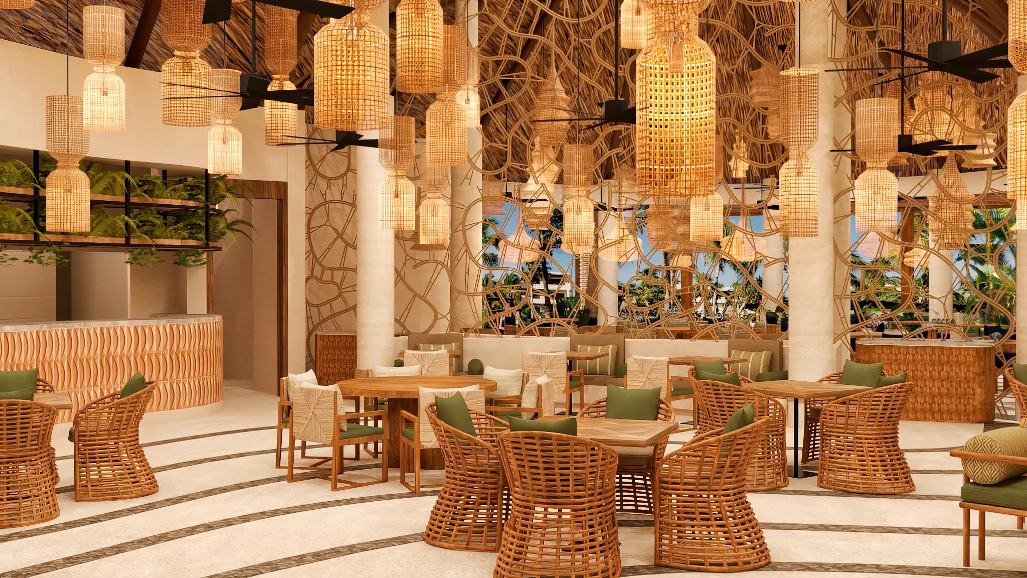 Elegant open-air dining area at Oceana seafood restaurant at Secrets Maroma Beach Riviera Cancun.