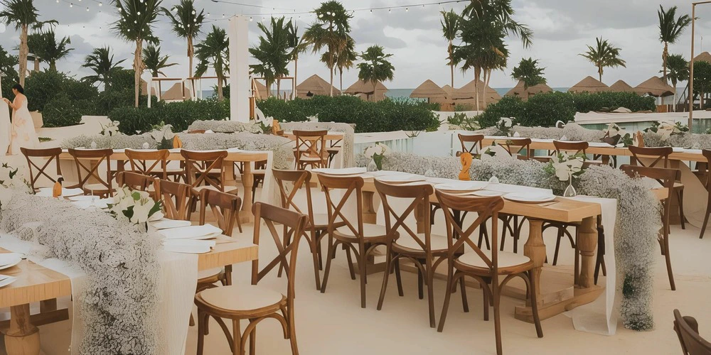 Pool Gazebo Terrace Venue at Secrets Maroma Beach featuring an elegant outdoor reception setup with wooden tables, floral décor, palm trees, and poolside tropical views.