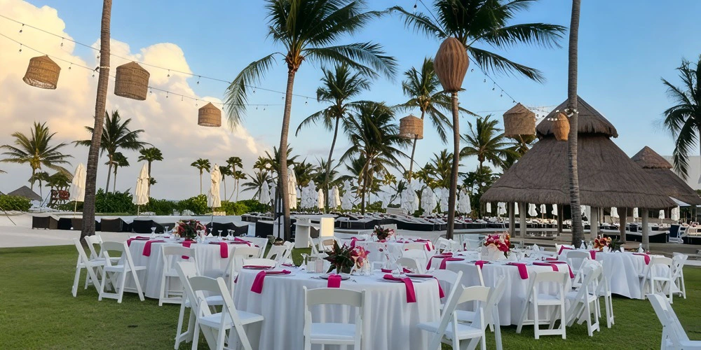 Seaside Garden Venue at Secrets Maroma Beach featuring an elegant lawn reception with round tables, white linens, tropical palm trees, and oceanfront ambiance.