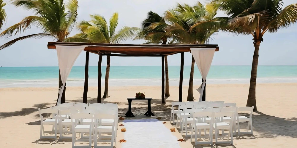 South Beach wedding venue at Secrets Maroma Beach featuring a beachfront ceremony setup with white chairs, wooden canopy, palm trees, and turquoise Caribbean Sea views.