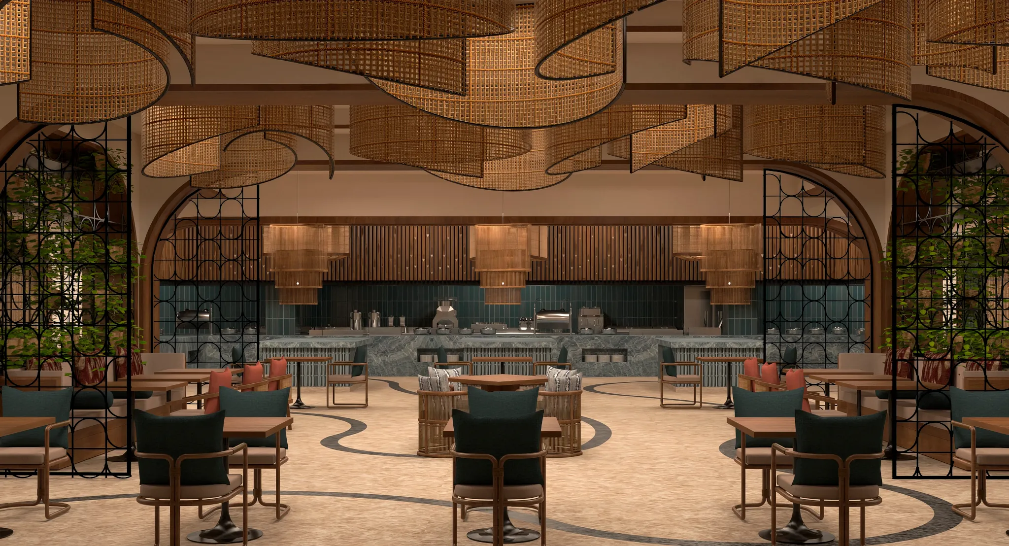 Modern buffet dining area at World Café international restaurant at Secrets Maroma Beach Riviera Cancun.